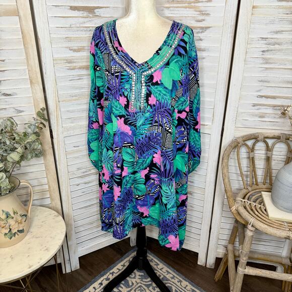 SWIMSUITS FOR ALL NWT Women's PLUS 22 24 Cover Up Top Caftan Cotton Multicolor - Picture 12 of 13
